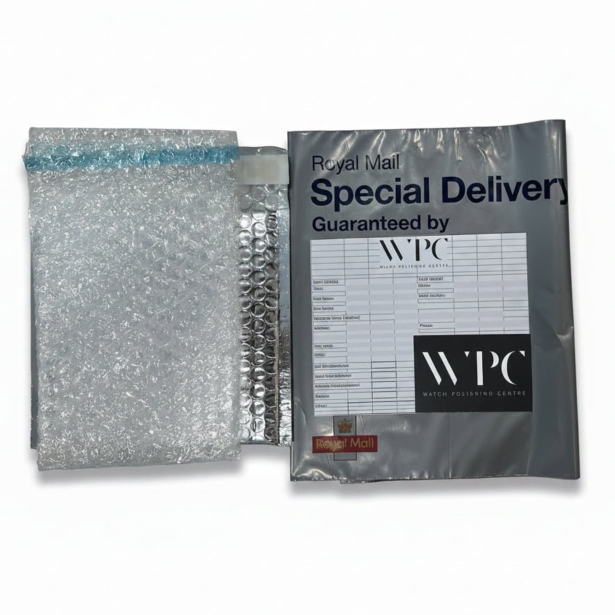 Royal Mail Special Delivery envelope with bubble wrap on a gray surface